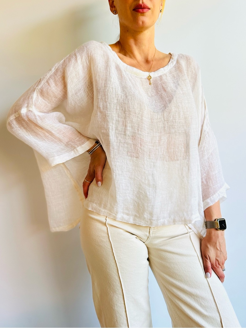 Namsar 100% Linen White Oversized Tunic Blouse Top OS Boho Lightweight Sheer